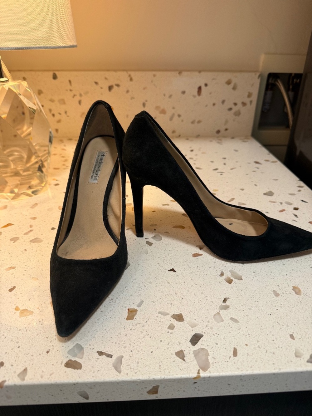 Charles David Black Suede Pumps with embroidery on side